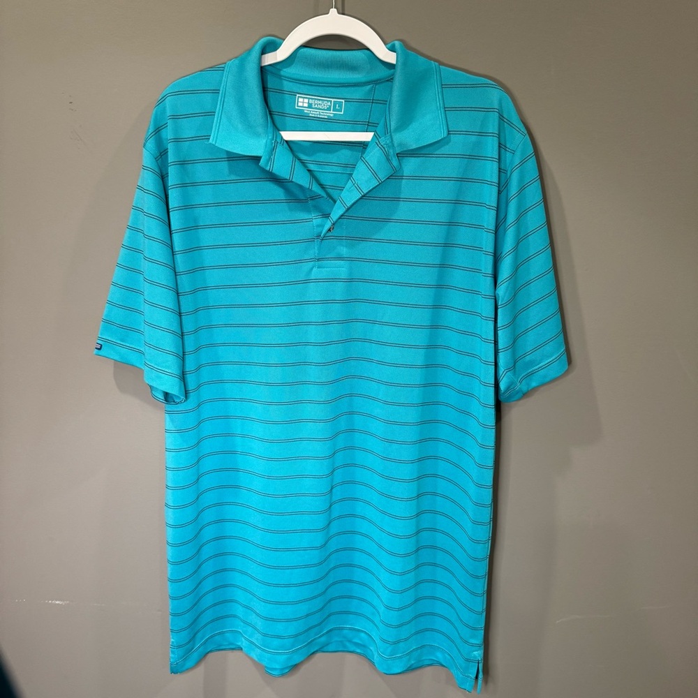 BERMUDA SANDS Blue Striped Polo Shirt,‎ Wicking, Men’s Size L, EUC